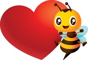 tekenfilm schattig honing bij met groot liefde hart leeg uithangbord karakter illustratie vector