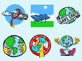 groen energie, zonne- en aarde hand- getrokken sticker reeks vector illustratie