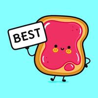 schattig geroosterd brood stuk van brood met jam met poster het beste. vector hand- getrokken tekenfilm kawaii karakter illustratie icoon. geïsoleerd Aan blauw achtergrond. geroosterd brood stuk van brood met jam denken concept