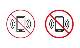Nee mobiel telefoon toegestaan waarschuwing teken set. roeping verboden, gebruik smartphone is verboden lijn en silhouet pictogrammen. stil zone rood cirkel symbool. geïsoleerd vector illustratie