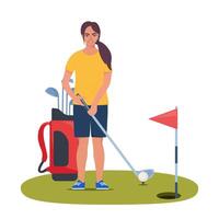 golf speler geïsoleerd. jong vrouw in uniform spelen golf Aan Cursus met groen gras. meisje Holding golf club en voorbereidingen treffen naar raken de bal. vector illustratie.