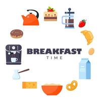 ontbijt icoon set. voedsel en drankjes, keuken gebruiksvoorwerpen, koffie machine, melk, croissant, donut, ei. vector illustratie.
