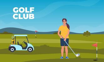 vrouw spelen golf. golfspeler met golf club Aan groen gras, zak met professioneel uitrusting en het rijden kar, sport spel buitenshuis concept. zomer hobby en recreatie. vector illustratie.