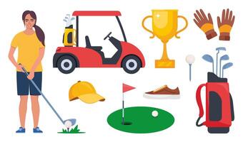 golf uitrusting set. professioneel items naar Speel de sport, kleding en accessoires. golf speler, tas, putter, golfspeler, bal, gat, Cursus, handschoenen, shirt, beker, auto. vector illustratie.