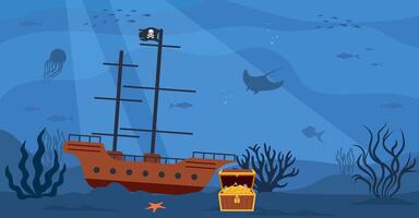 onderwater- landschap met Open piraat schat borst en piraat schip Aan onderkant. vector illustratie.