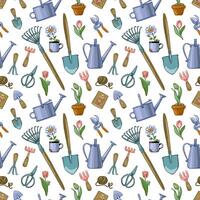 naadloos patroon met tuinieren hulpmiddelen, bloemen, gieter blikjes, Tassen van zaden Aan een wit achtergrond. vector illustratie