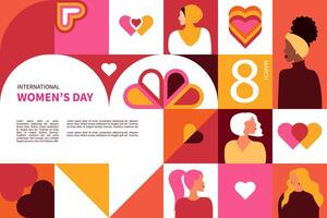 Internationale vrouwen dag folder. banier voor maart 8 uitverkoop met bloemen decor en groep van vrouw karakter. vlak vector illustratie.