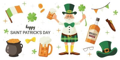 vector reeks voor st. Patrick dag. verzameling voor st. Patrick dag. verzameling met Mens in Iers rok, Klaver, Iers vlag en bier, pot met goud munten. de illustratie is hand getekend Aan een wit isol