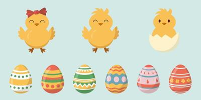 een reeks van grappig kuikens en kleurrijk Pasen eieren. vector