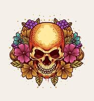 illustratie schedel hoofd met bloem knal kunst stijl vector