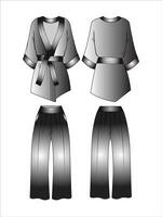 unisex karate pak ontwerp met uitlopend broek vlak schetsen mode illustratie met voorkant en terug visie verpakt kimono blouse top met pyjama- pak nachtkleding reeks cad tekening vector