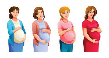 reeks van zwanger Dames knuffelen haar buik. vector tekenfilm illustratie