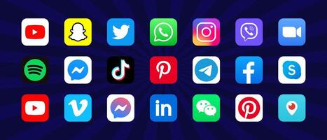 facebook, instagram, snapchat, twitteren, youtube, whatsappen, viber, spotten, tiktok, pinterest, telegram, skypen, boodschapper, duo logo. logotype van sociaal netwerken. redactioneel vector