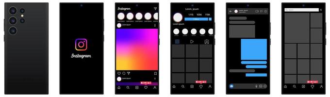 instagram ontwerp in Samsung heelal s23 ultra. reeks scherm sociaal media en netwerk koppel sjabloon. foto kader. verhalen, Leuk gevonden, persoonlijk profiel, chatten, rollen, voer, populair. redactioneel vector