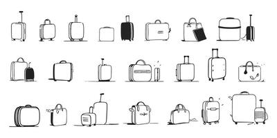 een groot reeks van divers reizen Tassen. koffers en Tassen in tekening stijl Aan een wit achtergrond. vector