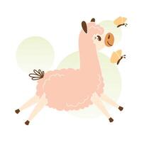 schattig roze lama is springen. tekenfilm dier spelen met vlinders vector
