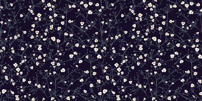 bloesems klein abstract ditsy bloemen met vlak takken naadloos patroon Aan een donker zwart achtergrond. vector hand- getrokken schetsen. creatief bloemen druppels polka dots afdrukken.sjabloon voor ontwerp, collage