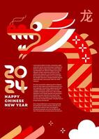 Chinese nieuw jaar 2024 a4 poster, jaar van de draak. Chinese dierenriem draak in meetkundig vlak modern stijl. vector