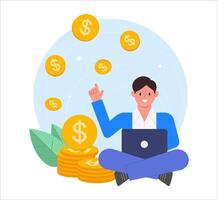 verdienen geld online. een Mens werken online met een laptop en munten. freelancer maken geld van huis, succes afgelegen werk. freelancers werk online. vector illustratie