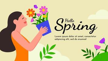voorjaar poster, een gelukkig meisje genieten de natuur en bloemen, Welkom voorjaar concept vector illustratie, Hallo voorjaar banier poster of groet kaart sjabloon achtergrond