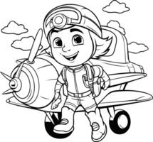 ai gegenereerd kleur bladzijde schets van tekenfilm astronaut karakter met vliegtuig vector
