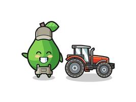 de mascotte van de avocadoboer die naast een tractor staat vector