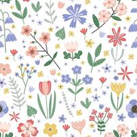 schattig naadloos patroon met rustiek hand- getrokken voorjaar bloemen Aan wit achtergrond vector