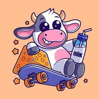 schattig koe skateboarden en draag- melk en kaas vector
