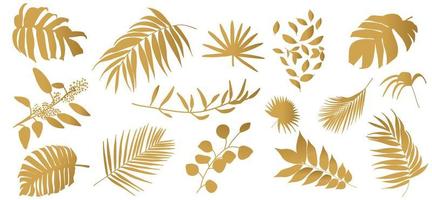 set van tropische bladeren. vectorillustratie van verschillende gouden gebladerte geïsoleerd op wit. vector