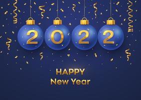 gelukkig nieuwjaar 2022. hangende blauwe kerstballen met realistische gouden 3D-nummers 2022 en glitterconfetti. wenskaart. vakantie kerstmis en nieuwjaar poster, spandoek, flyer. vector illustratie
