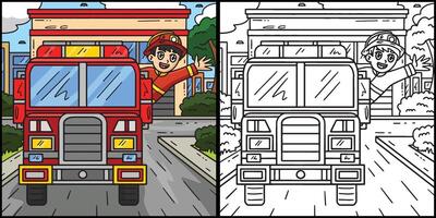 brandweerman golvend van brand vrachtauto illustratie vector