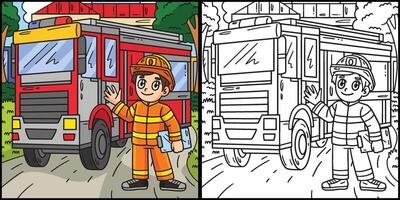 brandweerman en brand vrachtauto kleur illustratie vector