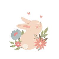schattig konijn in bloemen. kinderachtig weinig baby konijn voor ontwerp en kinderen afdrukken Aan t-shirt. gemakkelijk vector illustratie.