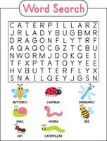 woorden zoeken puzzel spel van insect kever dieren voor peuter- kinderen werkzaamheid werkblad kleurrijk afdrukbare versie. vector tekenfilm illustratie.