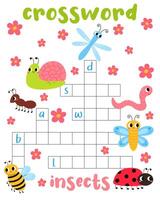 kruiswoordraadsel puzzel spel van insecten. afdrukbare werkblad met oplossing voor school- en peuter. vector tekenfilm illustratie voor kinderen.