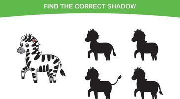 grappig tekenfilm zebra. vind de correct schaduw. kinderen onderwijs spellen. tekenfilm vector illustratie