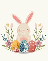 schattig hand- getrokken vlak Pasen konijn met Pasen eieren en bloemen vector