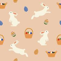 Pasen naadloos patroon. schattig patroon met Pasen konijn, eieren en mand. mooi achtergrond, Super goed voor Pasen kaarten, banier, textiel, achtergronden. vector illustratie.