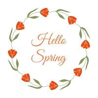 Hallo voorjaar belettering in minimalistische bloemen lauwerkrans. hand- getrokken kader met elegant geel bloemen. vlak lente decoratie elementen voor uitnodiging kaarten posters met kopiëren ruimte. vector