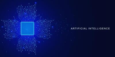 stroomkring bord met microchip of computer bewerker CPU voor kunstmatig intelligentie- concept. groot gegevens verwerken en quantum computer Aan donker blauw achtergrond. vector illustratie.