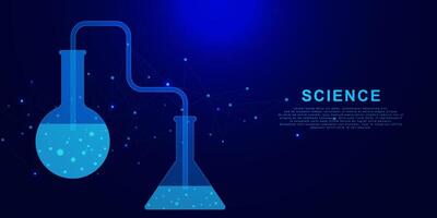 wetenschap en chemie laboratorium uitrusting met glas kolven. chemisch laboratorium experiment en bedrijf geneeskunde concept Aan donker blauw achtergrond. vector illustratie.