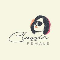 schoonheid vrouw portret kort haar- met zonnebril klassiek stijl hipster retro kleur logo ontwerp vector icoon illustratie