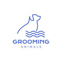 hond met water uiterlijke verzorging schoonmaak behandeling zorg lijn stijl gemakkelijk minimaal mascotte karakter logo ontwerp vector icoon illustratie