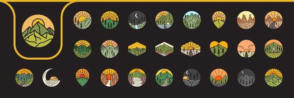 berg buitenshuis kleurrijk wijnoogst insigne icoon logo ontwerp vector