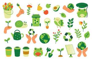 reeks van groen vector pictogrammen van ecologie en groen leven. recycling icoon, energie, handen, planeet, kikkers, takken, bloemen, planten