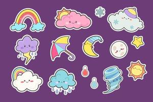 reeks van schattig kawaii stickers met het weer. zon, wolk, regenen, bliksem, wind, sneeuw. schattig gezichten voor kinderen. vector pictogrammen