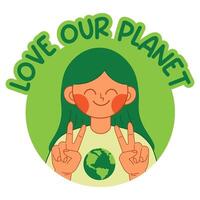 icoon, sticker, avatar met meisje en tekst liefde onze planeet. motiverend, uitnodigend vector illustratie van ecologie en groen leven