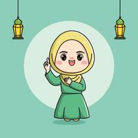 schattig moslim meisje karakter met inhoudsopgave vinger omhoog vector