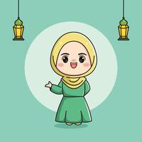 schattig moslim meisje karakter met gastvrij hand- vector