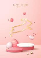 gelukkig Pasen roze achtergrond en papier kunst podium Scherm voor Product presentatie branding en verpakking presentatie. studio stadium met eieren en konijn achtergrond. vector ontwerp.
